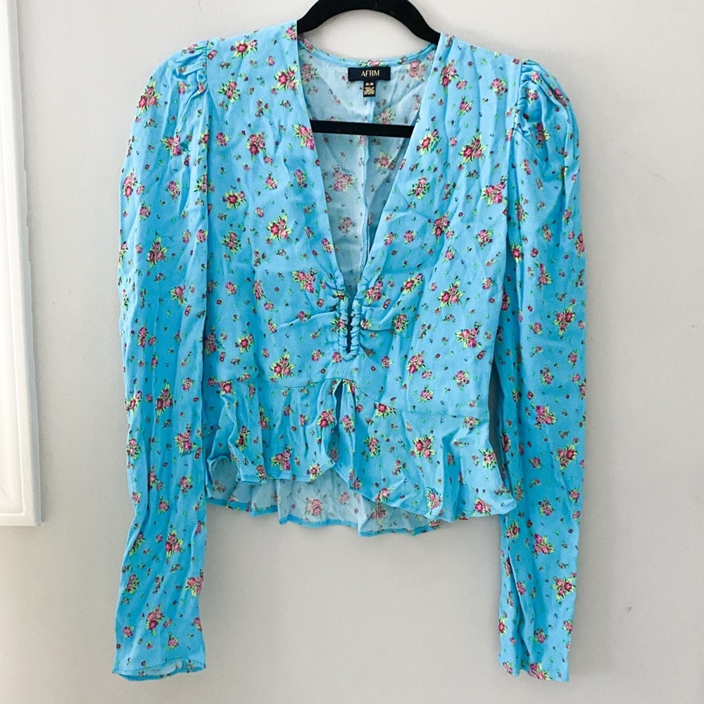 AFRM blue floral plunge neck long sleeve blouse